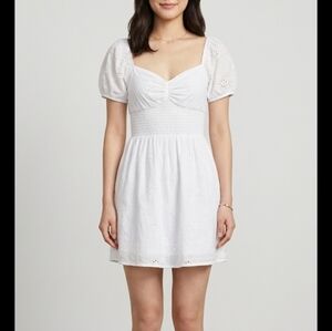 Hollister White Eyelet Dress Skort Sz S Smocked Puff Sleeves Coquette Soft Girl